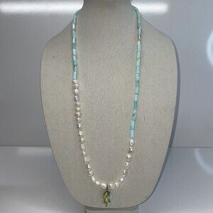 Aqua Peruvian Opal? Tube Beads & Freshwater Pearl Pendant Gemstone Necklace A140